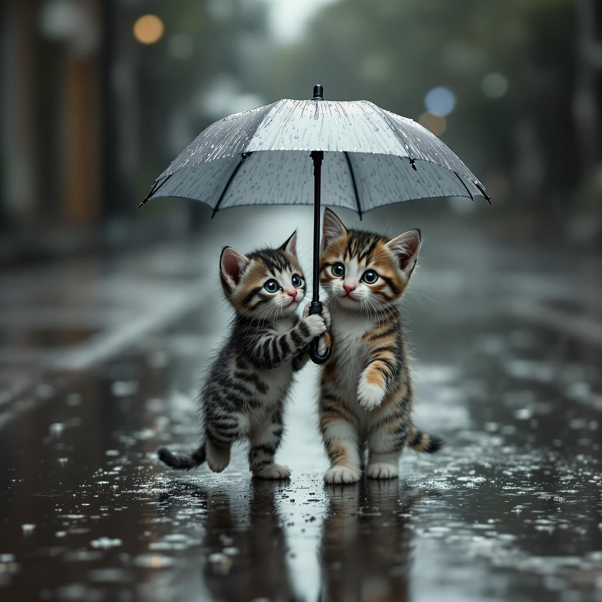 AI generated: A small, black-and-white spotted kitten walks alone in the rain, its fragile body drenched as water ...