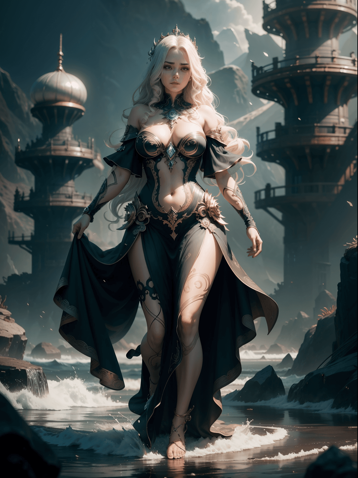 AI generated: beautiful woman Queen of ocean in spiral wave water, background glorious , perfect face, realistic, ...