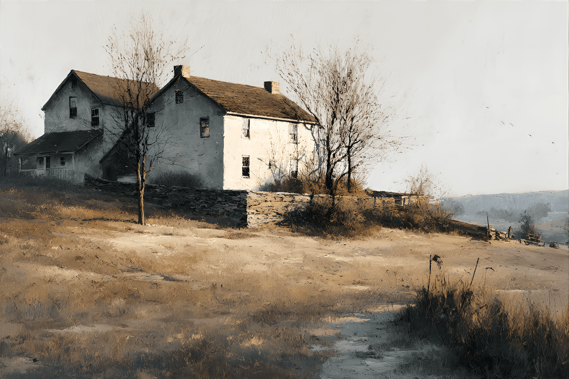 AI generated: serene scene featuring a
countryside farm in the morning, with a muted color
palette and drybrush ...