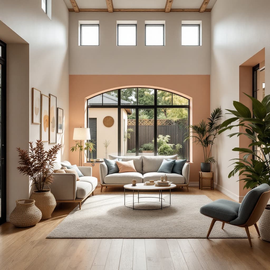 AI generated: High resolution photography interior design, dreamy sunken living room conversation pit, wooden floo...