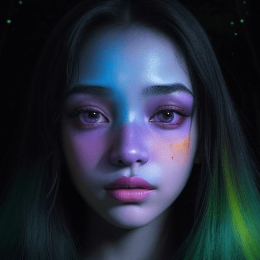 AI generated: A captivating abstract portrait of a woman's face that artfully blends her features with a nighttime...