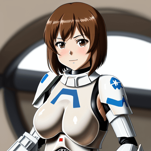 AI generated: girls und panzer, 2d, nishizumi miho, clone trooper armor, white and blue markings, short brown hair...