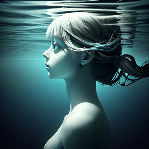 AI generated: alice floating horizontally under water.
realistic, not creepy
looking towards the top
 arm pointing...