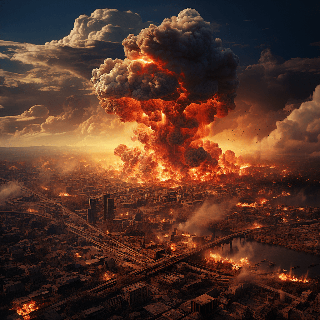 AI generated: mushroom cloud explosion on city, wast, highly complex, ultra hd, realistic, vivid colors, highly de...