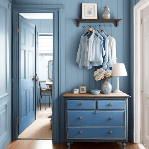 AI generated: blue painted wood walls, wooden dresser with hanging on hangers above it, small chair in front of th...