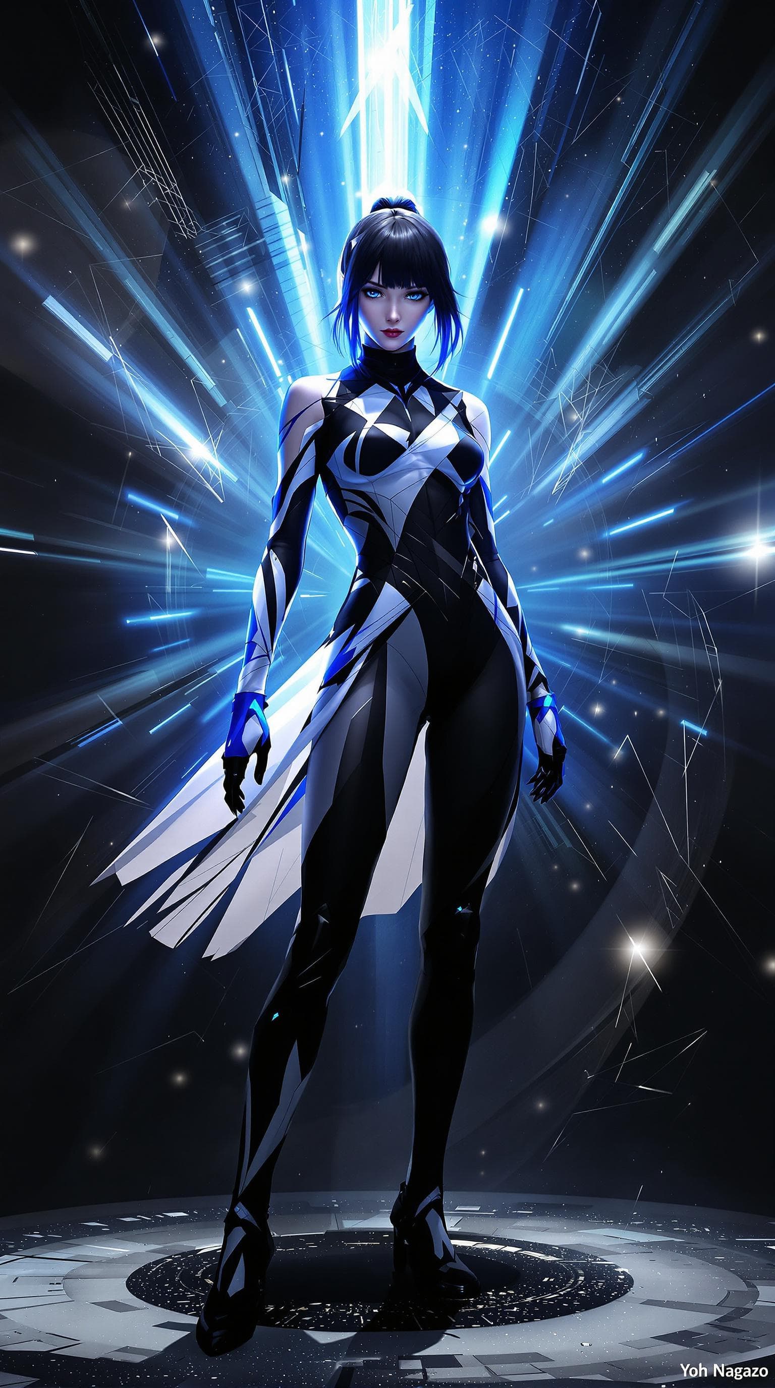 AI generated: Movie poster featuring a female character in a striking palette of black, white, and blue, in the st...
