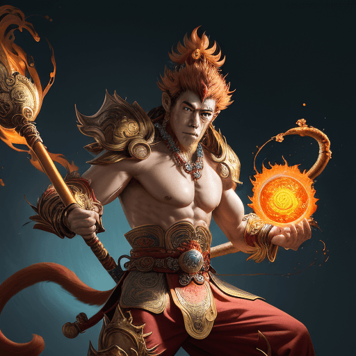 AI generated: masterpiece, concept art, mid shot, dynamic pose, centered, splash art, Sun wukong, (anthropomorphis...