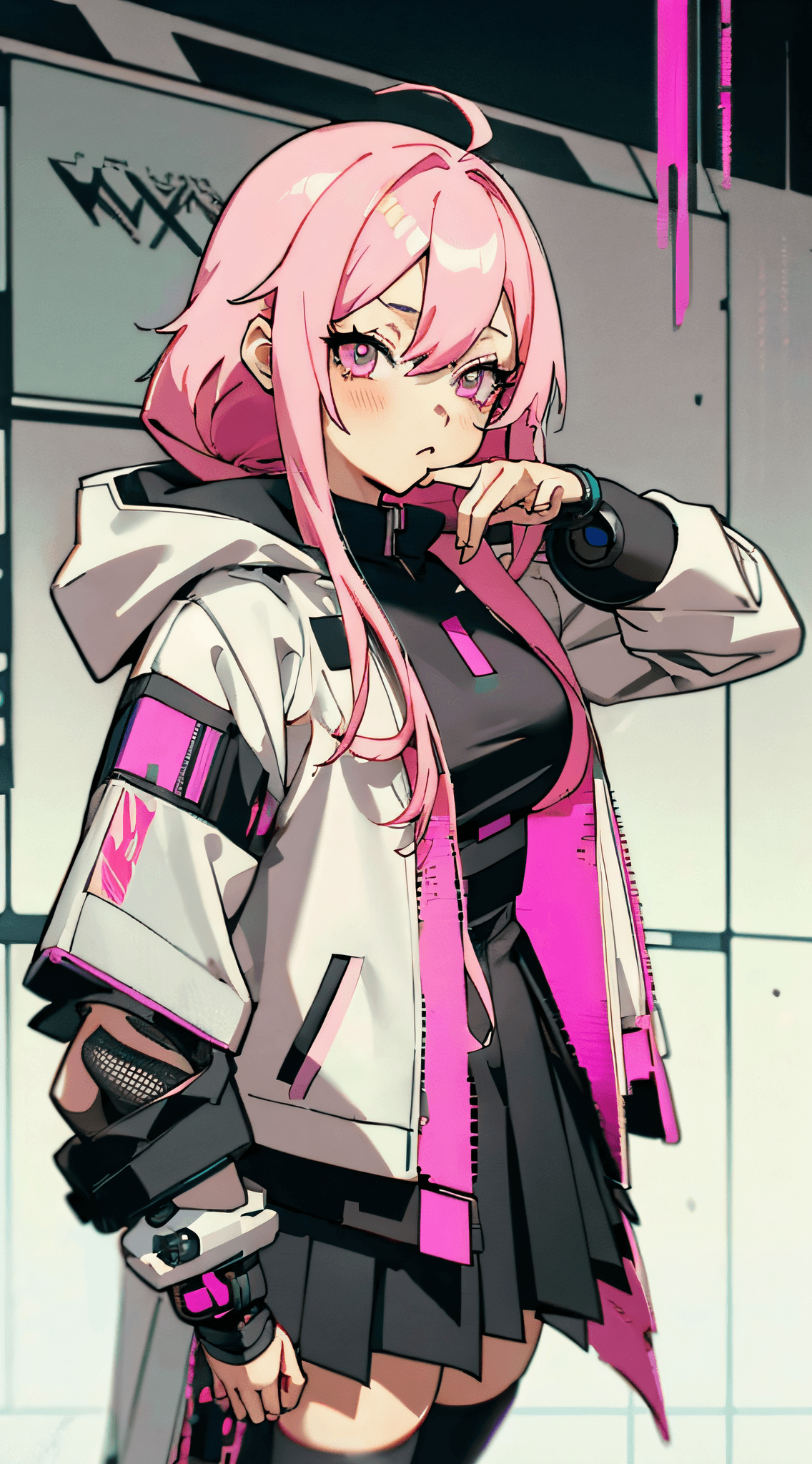 AI generated: anime girl with pink hair and a white jacket and black skirt, anime style 4 k, cyberpunk anime girl ...