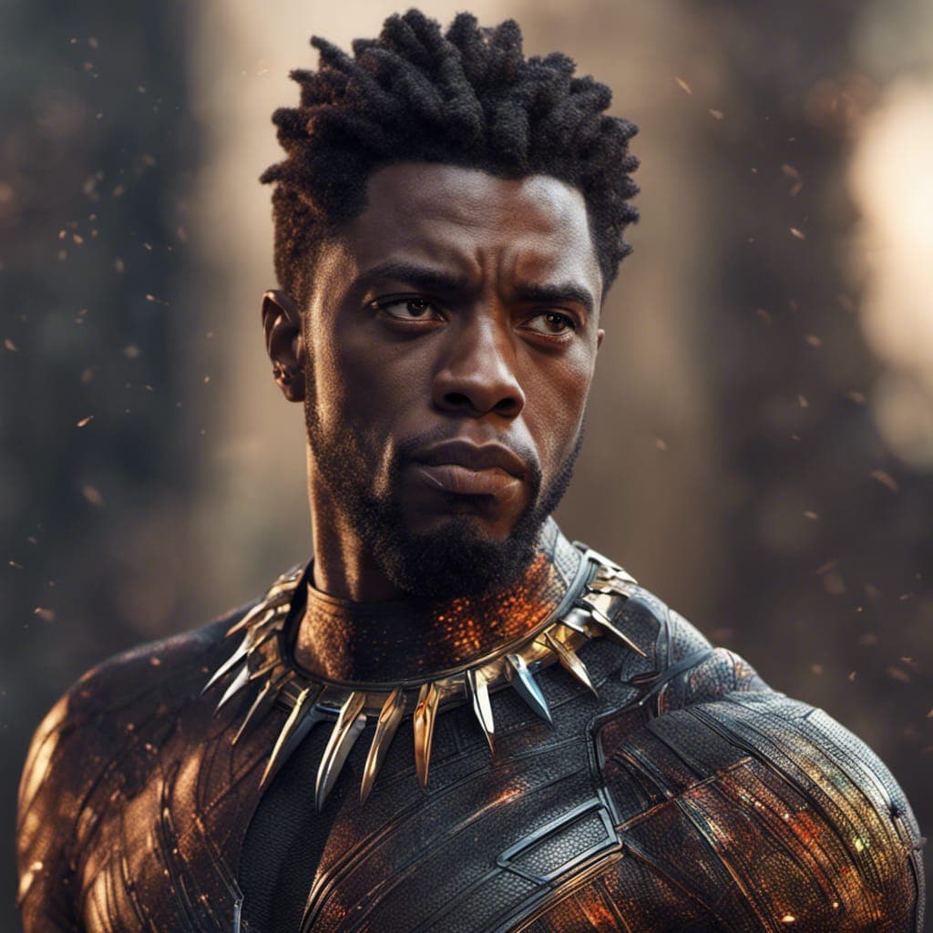 AI generated: Chadwick Boseman as Black Panther, glare pose, detailed, intricate, full of colour, cinematic lighti...