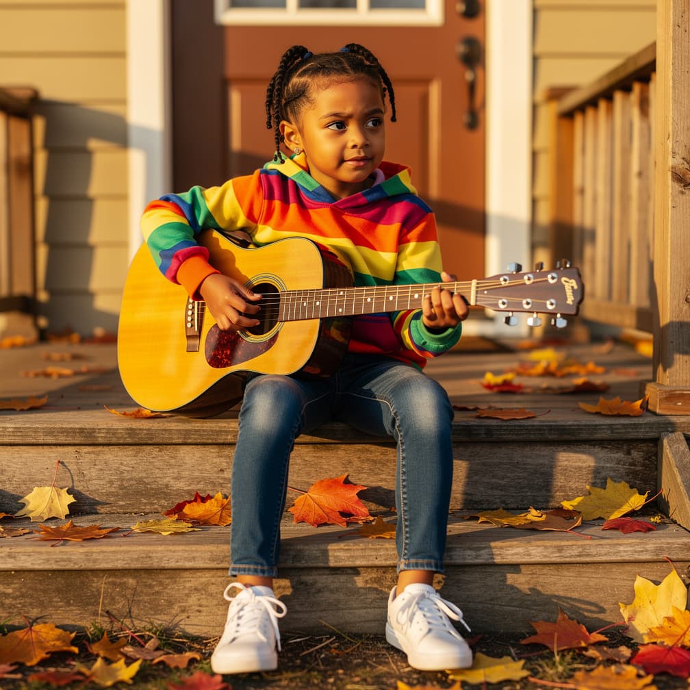 AI generated: full body view of a little dark-brown-skinned girl with a twist hairstyle wearing a rainbow hoodie, ...