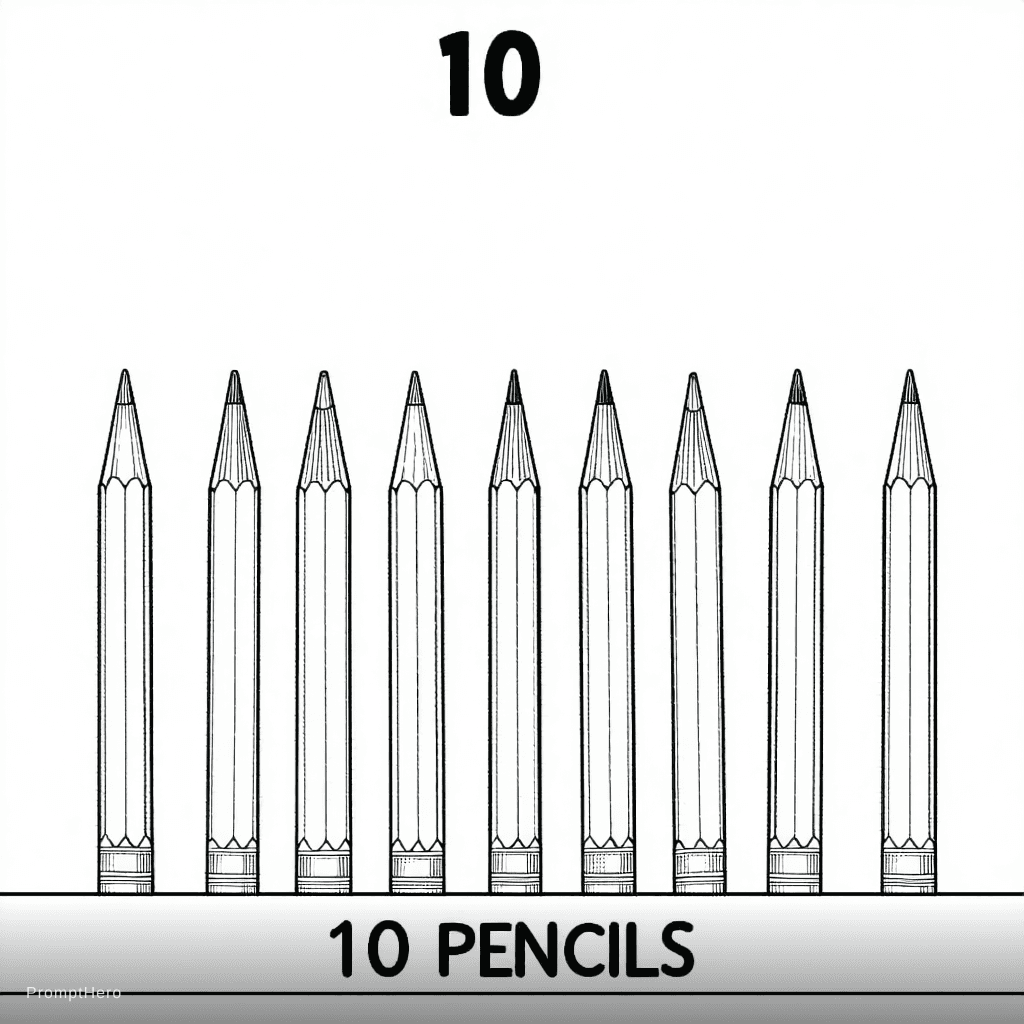 AI generated: a number 10 at top with 10 simple pencil under it with text under picture: "10 PENCILS", black and w...