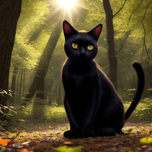 AI generated: black cat, in a beautiful colorful forest, sunshine, high resolution, colorful