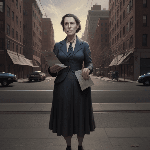 AI generated: Portrait from 1940, a 40 year old woman rejects ((a left-wing candidate leaflet)) from a campaign in...