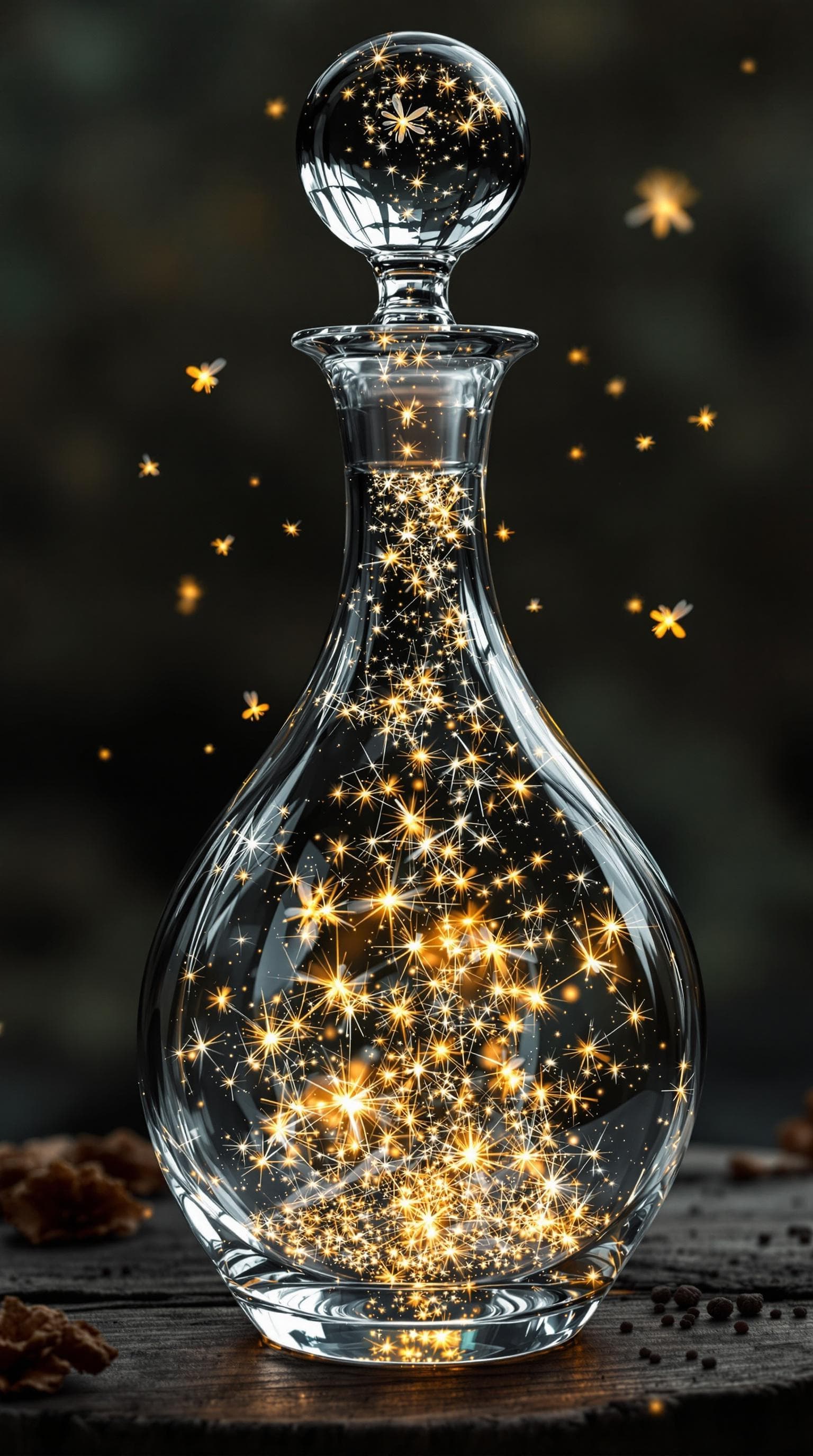 AI generated: a wide based decanter  made of crystal , that has a swarm of fireflies in it