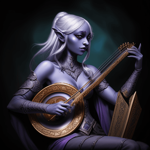 AI generated: Dungeons and Dragons 5e Half-Drow Bard, College of Glamour, chaotic neutral, airbrushed fantasy artw...