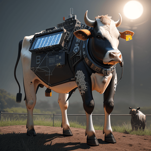 AI generated: a cow with a solar panel strapped to its back, looking confused, urban fantasy, sharp focus, intrica...