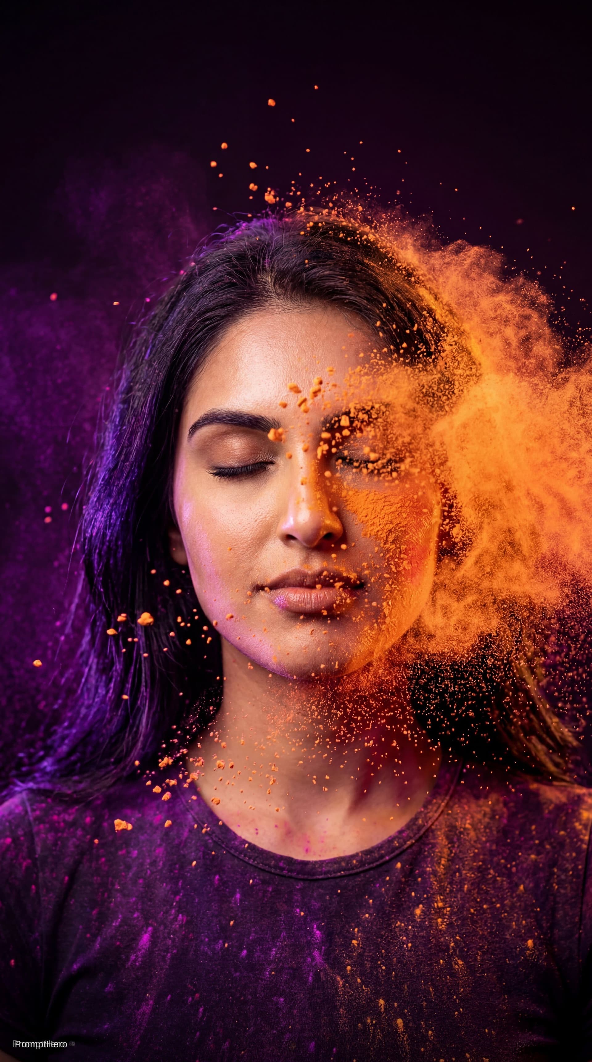 AI generated: Ultra-realistic high-speed portrait of [replace with uploaded face] as vibrant orange powder explode...