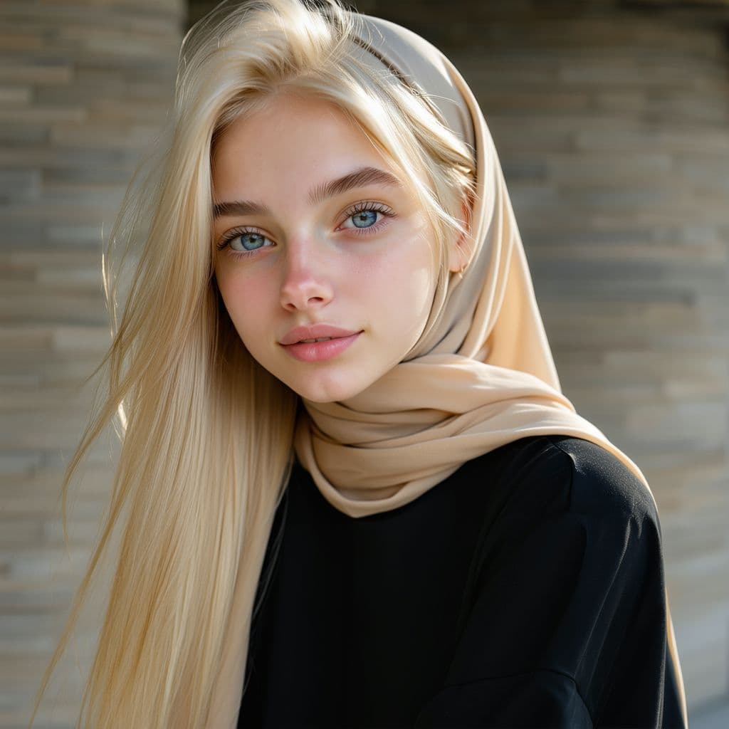 AI generated: sex, 18-year-old girl, hijab girl, 1girl, 1guy, arousal, erotic, Smooth skin, long blond hair, Pleas...