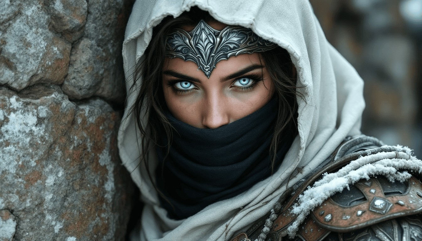 AI generated: female warrior, young adult, likely Middle Eastern, wearing intricate, dark-gray metal armor with br...