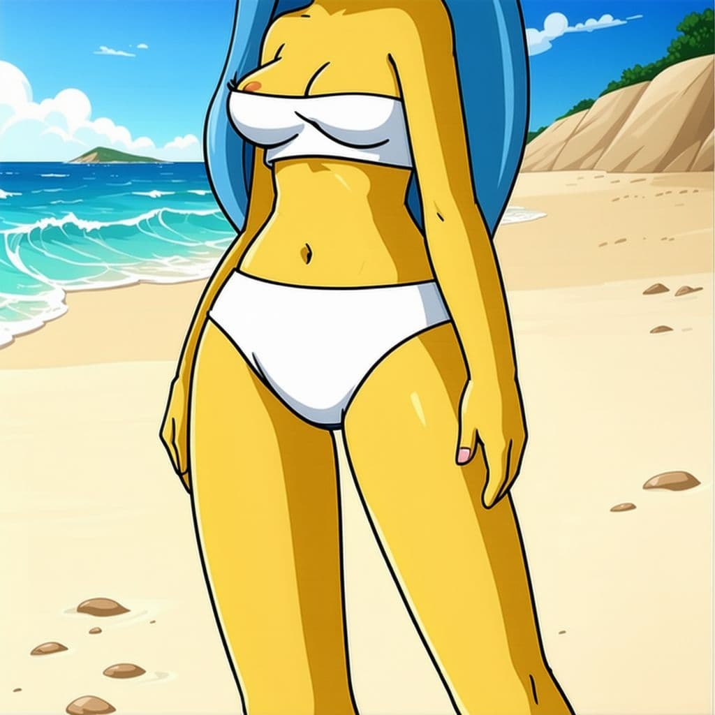 AI generated: Marge Simpson,yellow skin, blue hair, cartoon, white bikini, beach background, hands on hips, big br...
