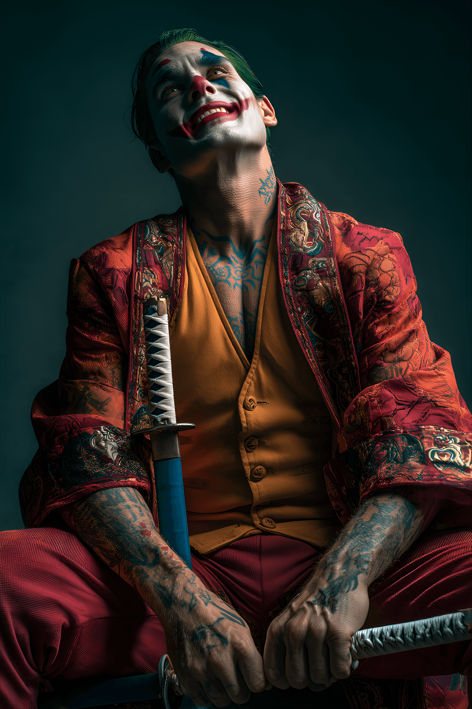 AI generated: Caucasian man, approximately 25-35 years old, portrayed as the Joker, seated, smiling broadly, and l...