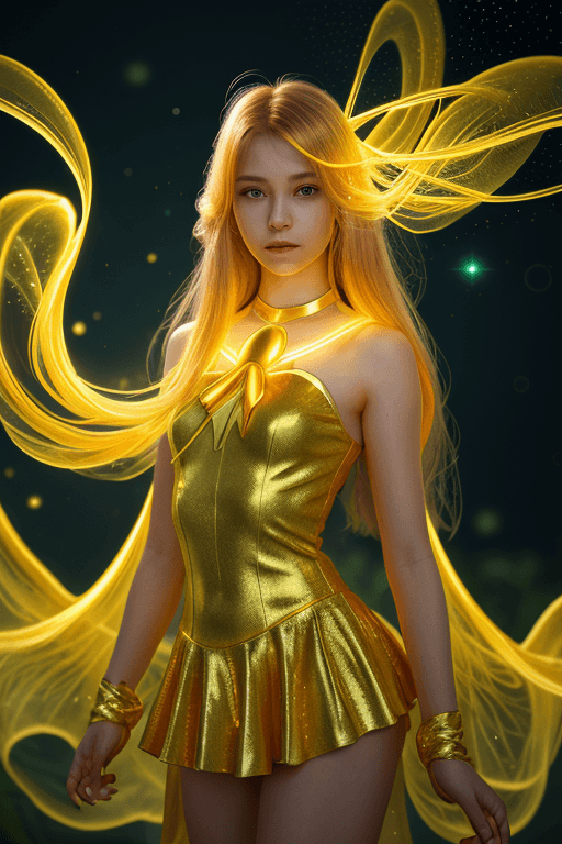 AI generated: magical girl,golden long hair,sparkle,vibrant,bioluminescence,reality,highres,realistic