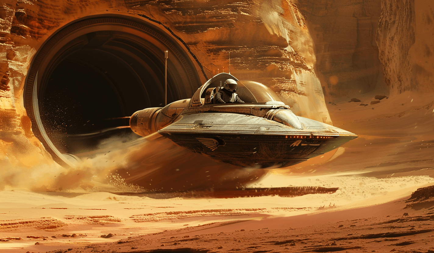 AI generated: concept art of a small flying hovercraft with a pilot inside, hovering over the surface of Mars, wit...