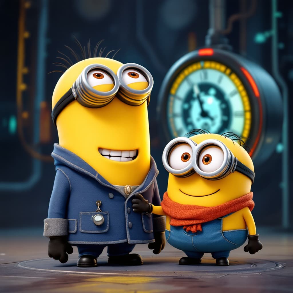 AI generated: A picture of the Minions and Professor Gadget's standing next to the time machine and being happy Mi...