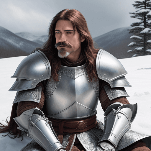 AI generated: Full male body, resting in the snow, male human, Sturm from Dragonlance, human knight, honorable, wi...