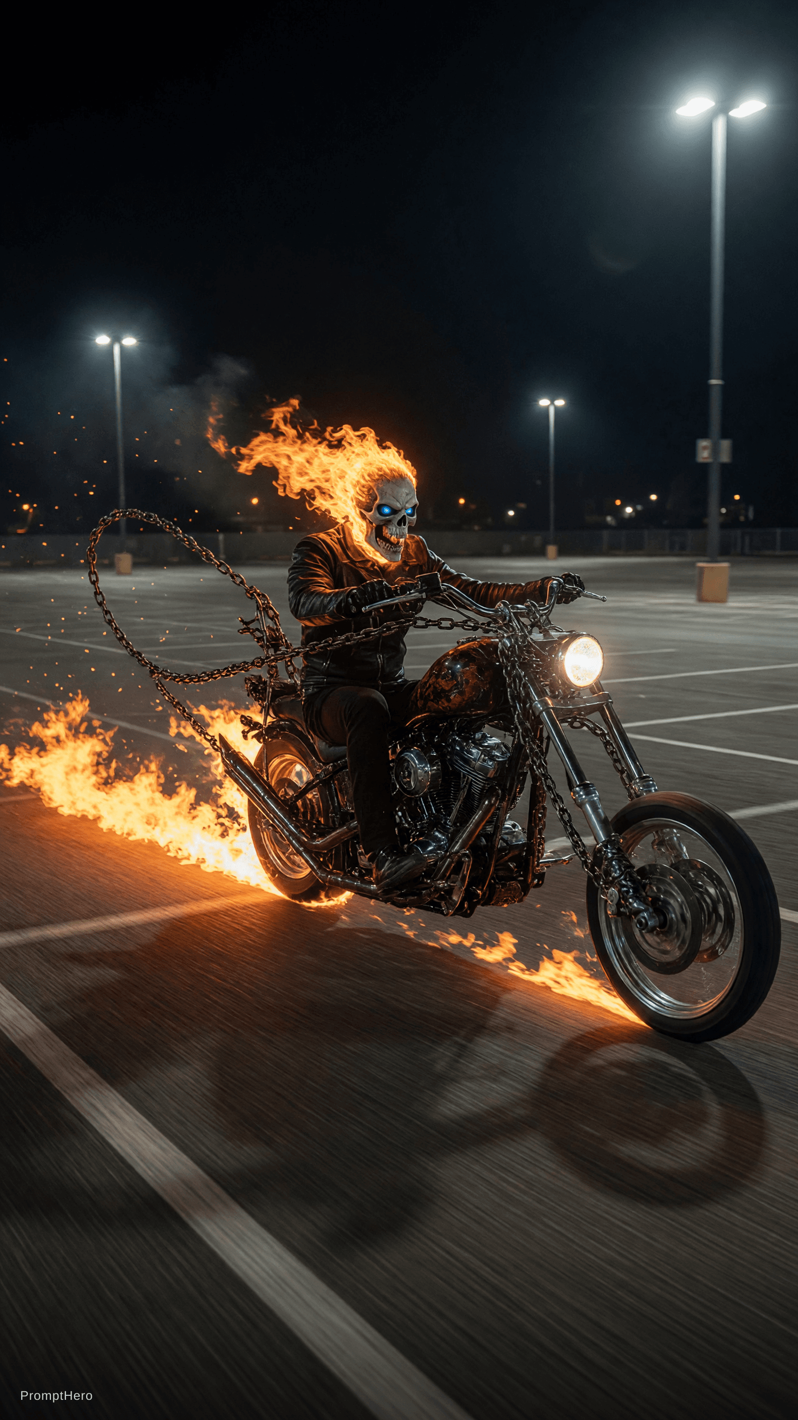AI generated: Ghostrider's stretched flaming skull and chains motorcycle in an empty parking lot at night driving ...