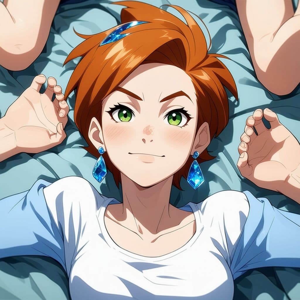 AI generated: (Gwen) from Ben 10, Pale skin, green eyes, short orange hair, blue hair clip, sapphire earrings, loo...