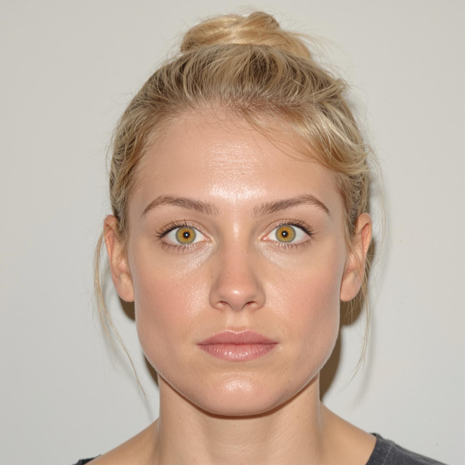 AI generated: A Real photograph of a blond women in her 20s, her hair is short with a small bun. She has yellow ey...