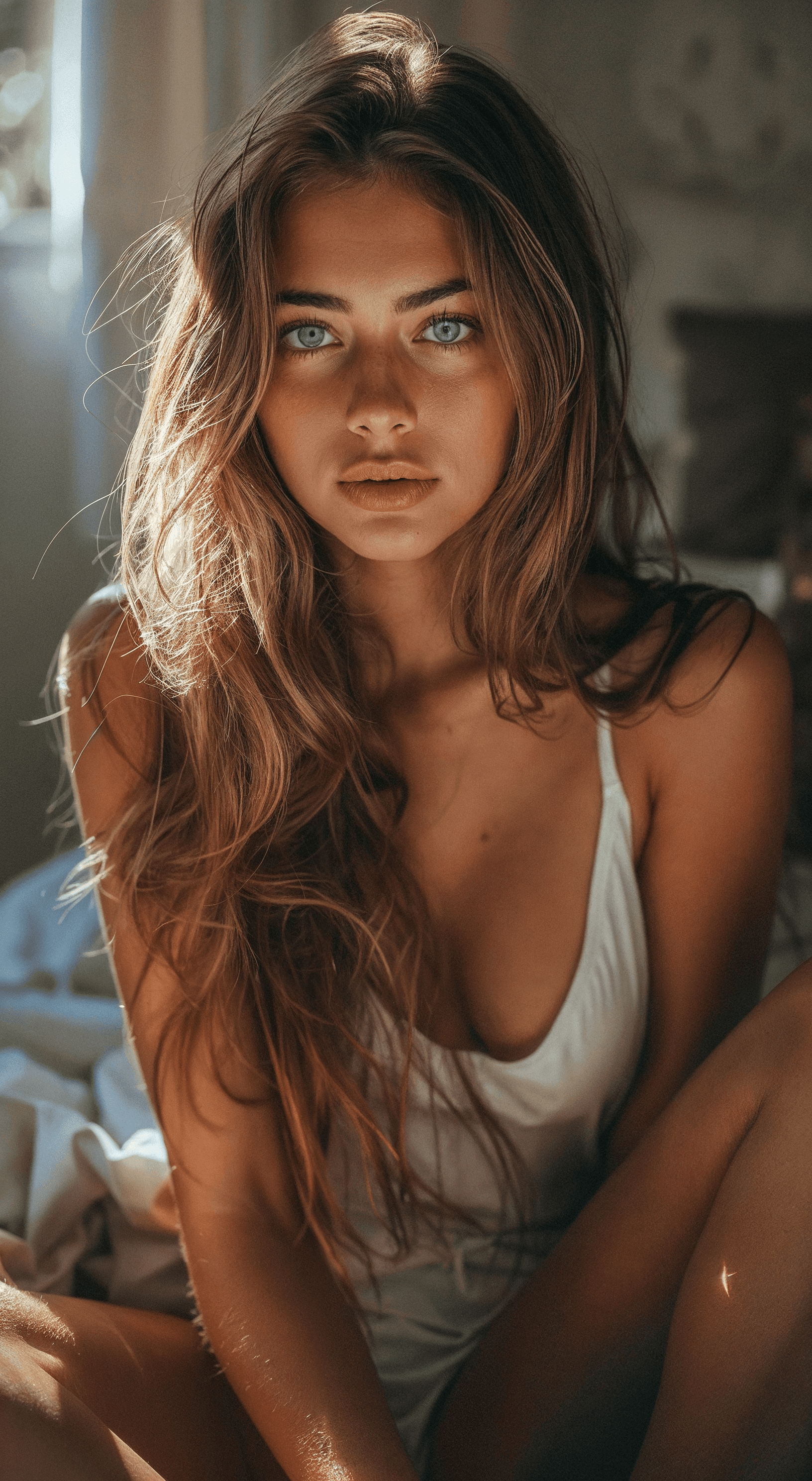 AI generated: breathtaking beautiful young woman, light-blue eyes, long bronze hair, fair complexion, sitting on t...