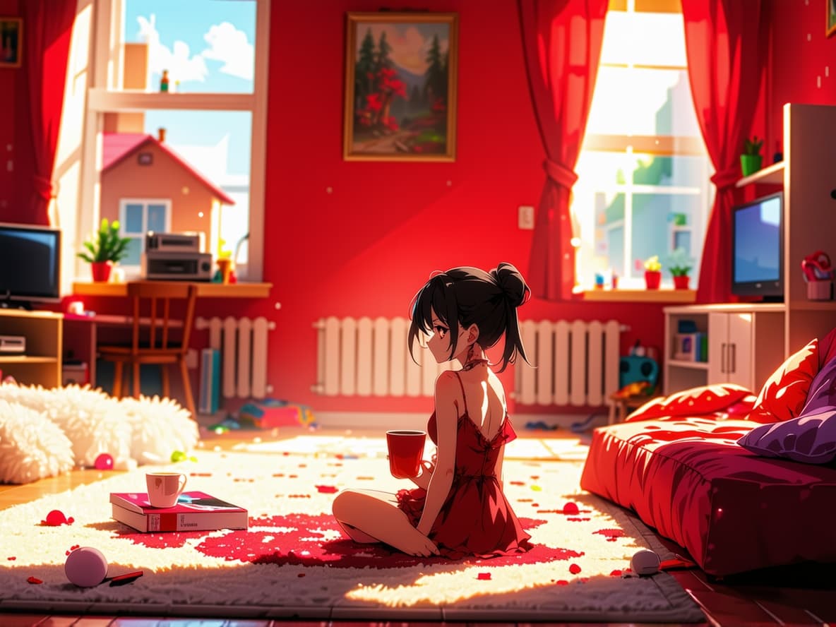 AI generated: Random anime Small petite hot girl. 4ft9. Skinny small. Petite. Random red room appartment environme...