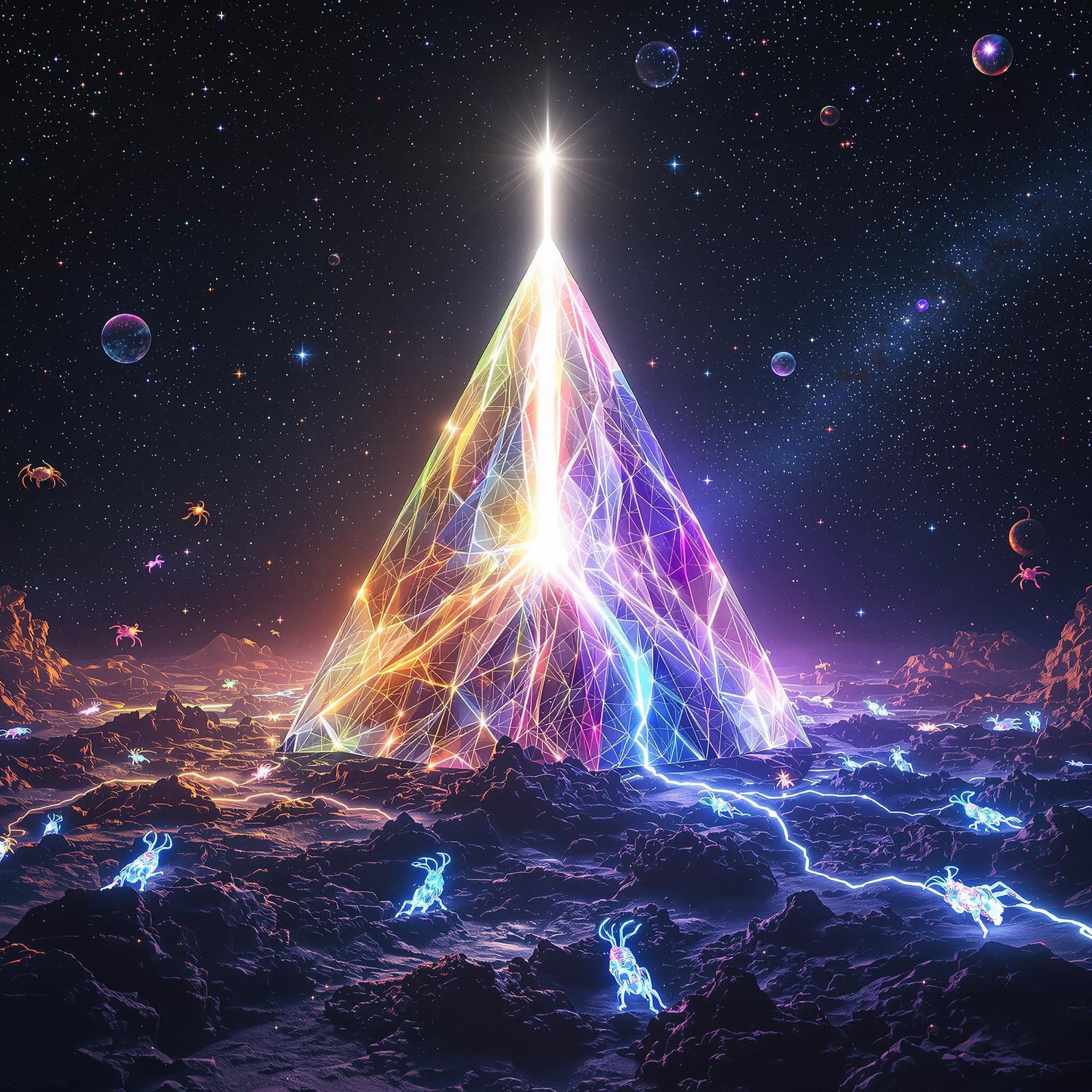 AI generated: A giant, clear prism in outer space with white light entering it on one side and emerging on the oth...