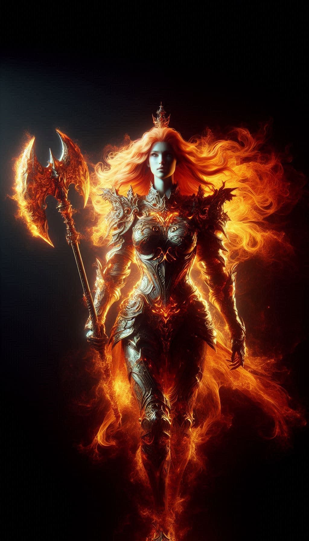 AI generated: A formidable female figure stands centered, a warrior rendered in glowing, fiery hues against a star...