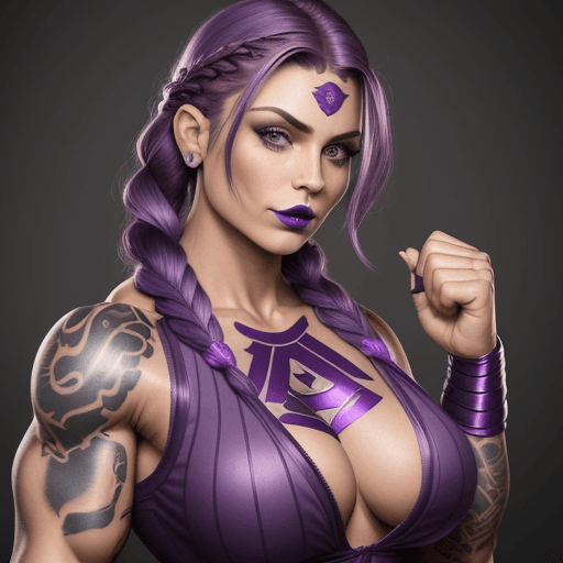 AI generated: muscular woman, tattoos, purple lipstick, purple braided hair, superhero outfit, looking at camera, ...