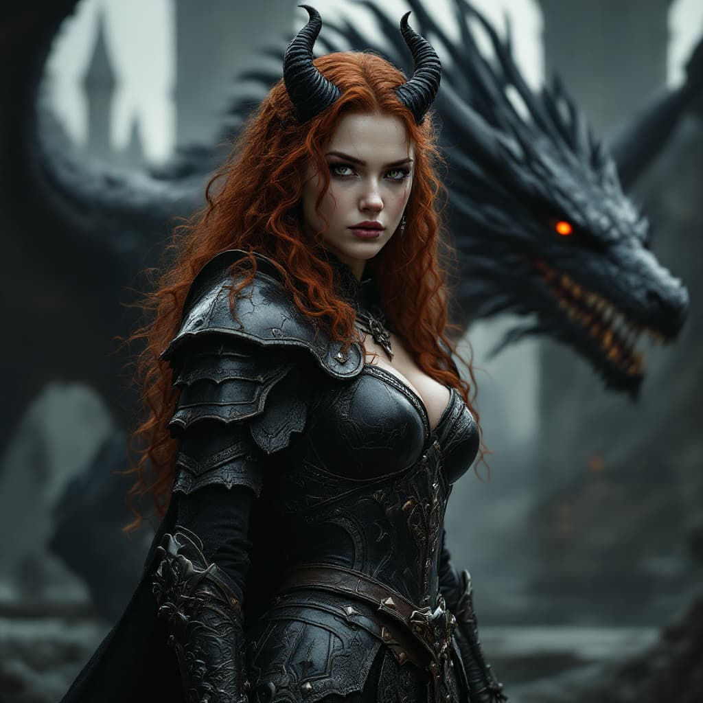 AI generated: a full body shot of a 23-year-old warrior woman with long, curly red hair and pale skin, wearing bla...