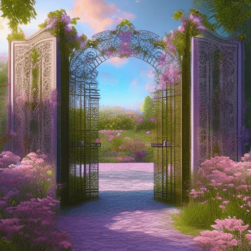 AI generated: dreamy view of the opened gates of paradise, openwork gate, fairy flowers overlooking the garden,  d...