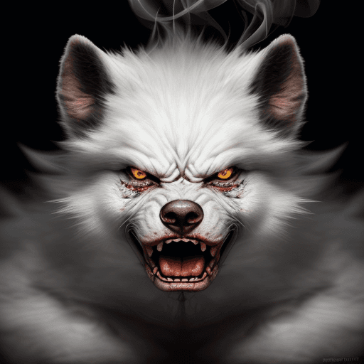 AI generated: digital smoke art, portrait, snarling, angry with ABRASIVE AUTHENTICITY  white [animal] macro photog...
