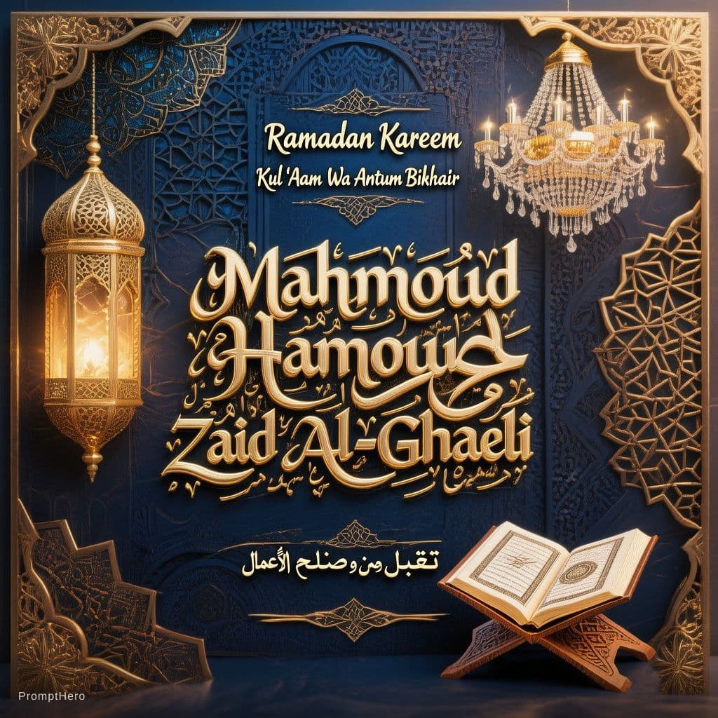 AI generated: A luxurious and professionally designed Islamic Ramadan greeting card. In the center, the name "Mahm...