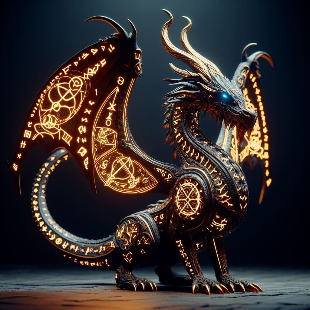 AI generated: A runic dragon with runes and glowing engraved runic voodoo symbols with elegant realistic dragon fe...