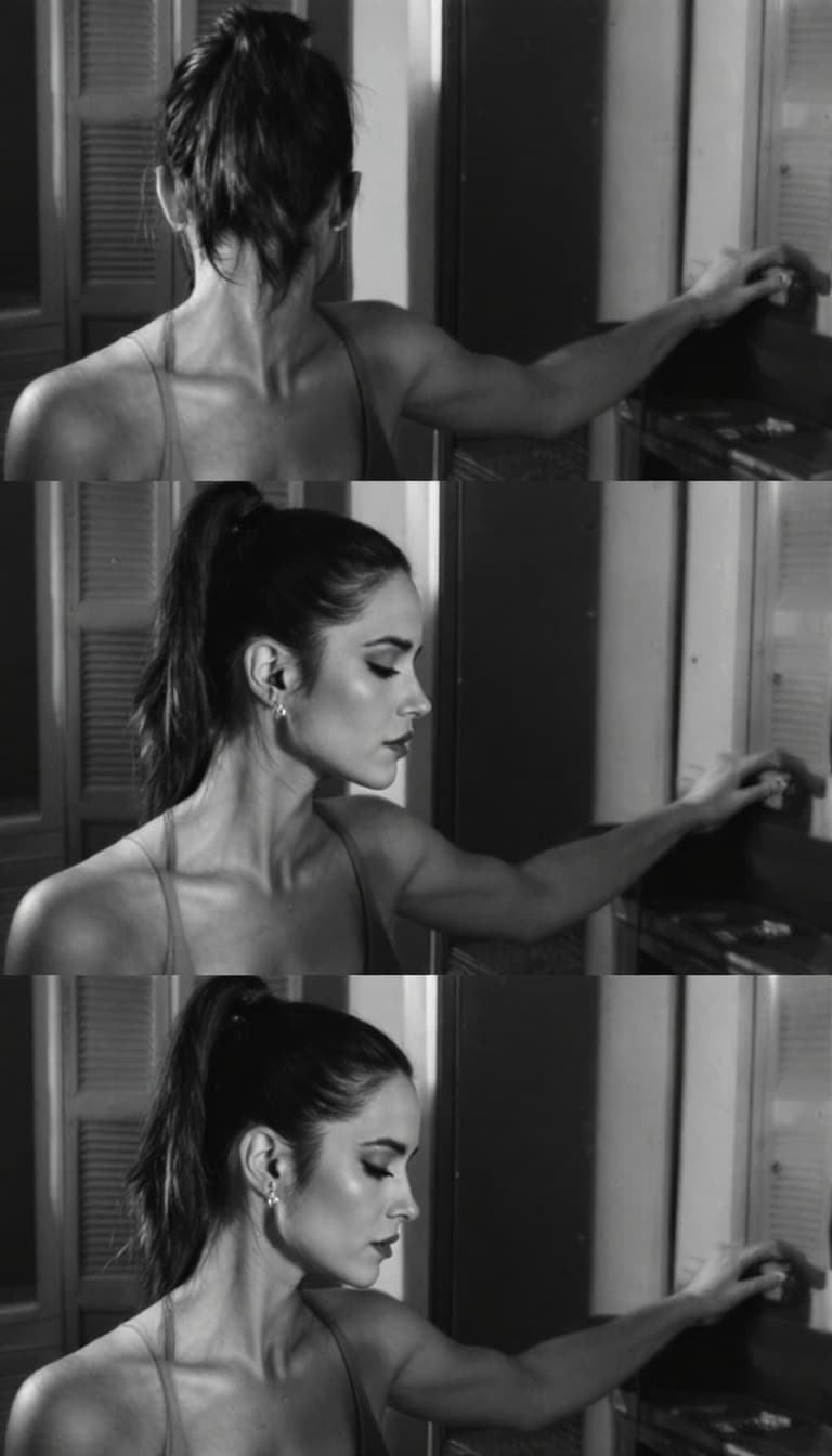 AI generated: Polarized photo , Jennifer Connelly,ponytail hairstyle, pushup pose. different sequence.