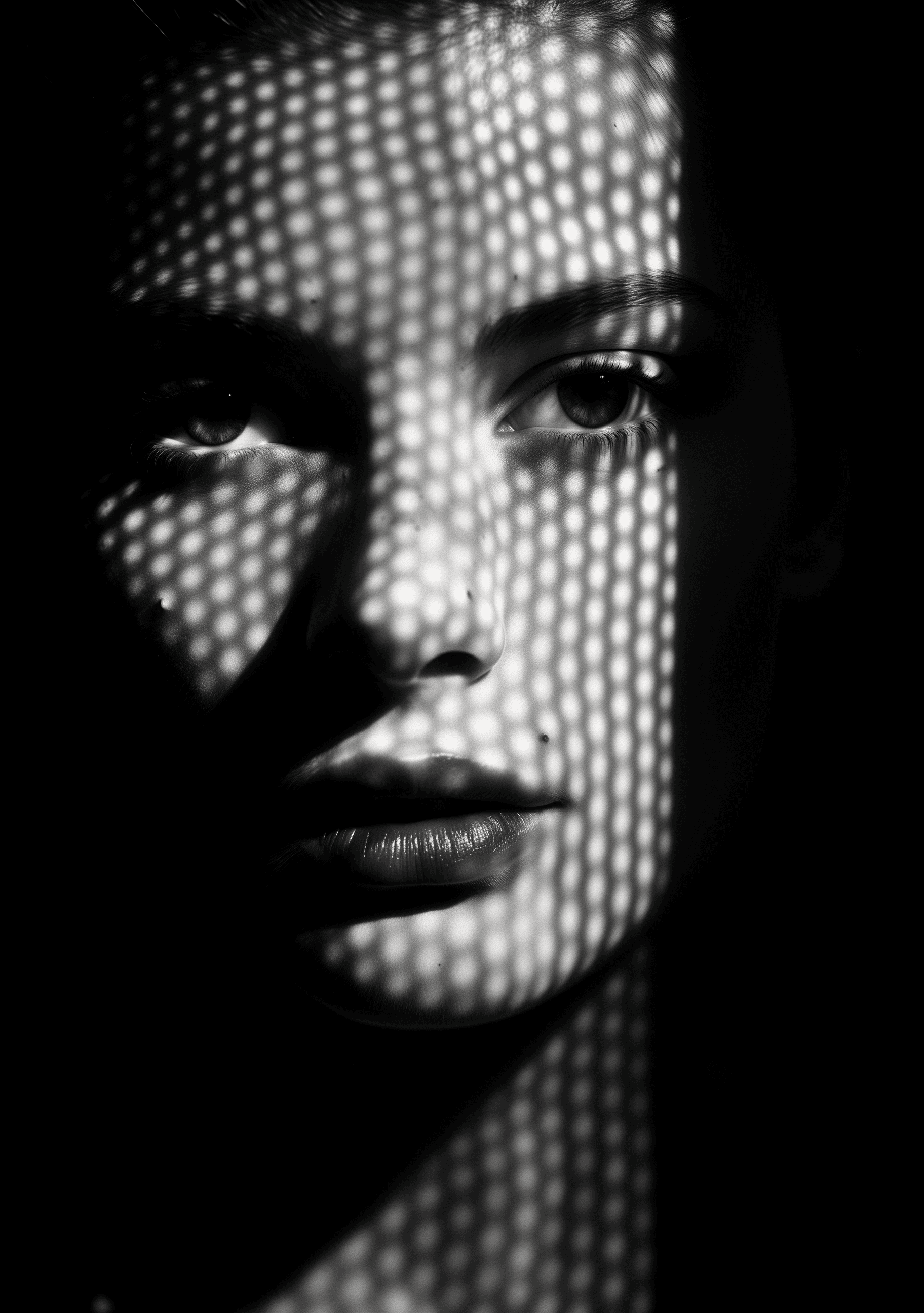 AI generated: A portrait of a woman made from dots, the face is in focus and has bold lines, the background is dar...