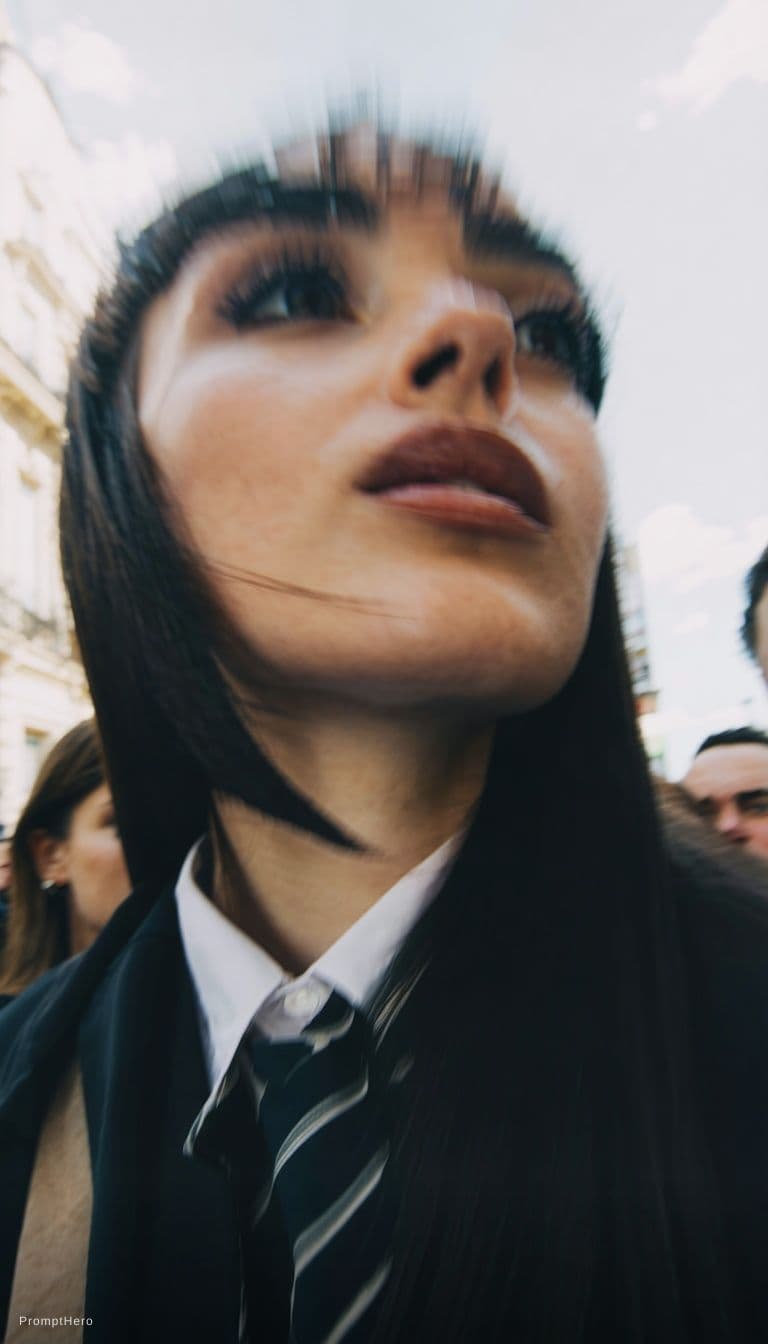 AI generated: Paparazzi-style extreme close-up photo of a woman with striking facial features, caught off-guard wh...