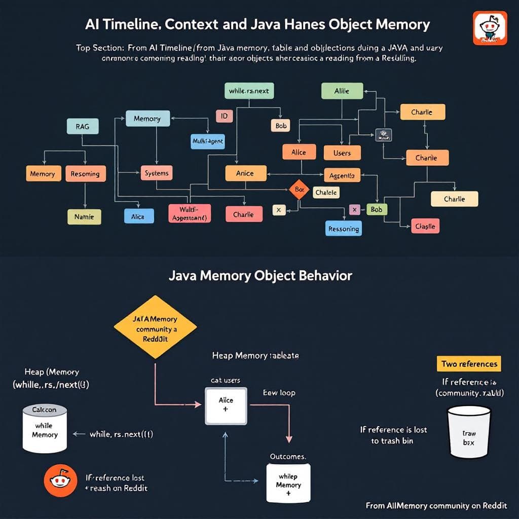 AI generated: Create a two-part educational infographic that visually explains how Java handles object memory duri...