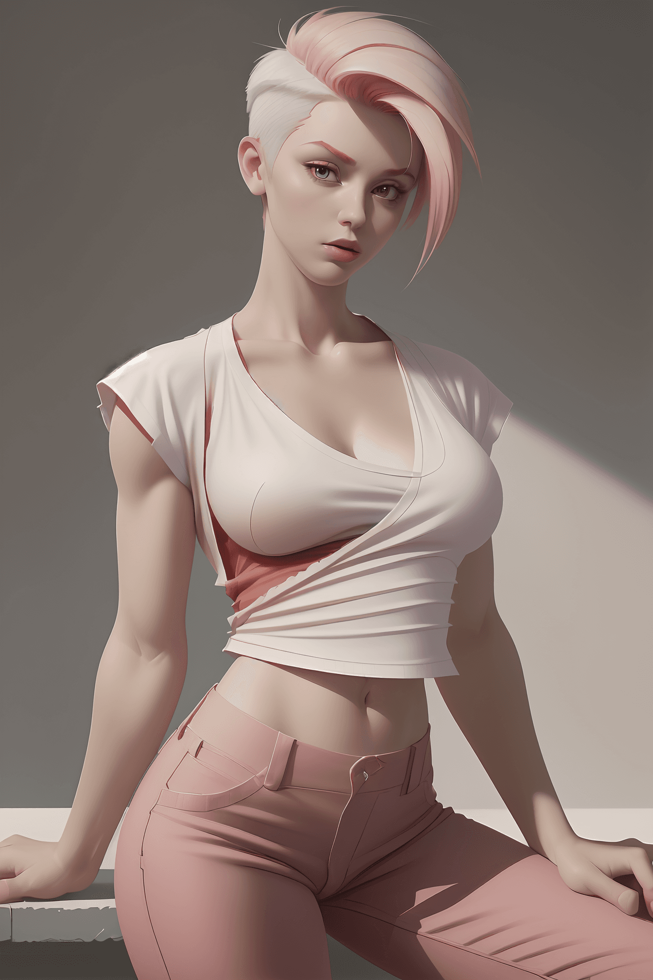 AI generated: An extremely detailed and beautiful masterpiece of modern realism, featuring a woman with a pink hai...