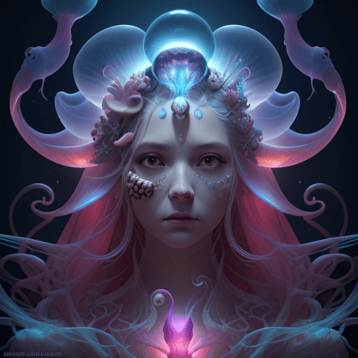 AI generated: Goddess close-up portrait ribcagel. jellyfish phoenix head, nautilus, orchid, skull, betta fish, bio...