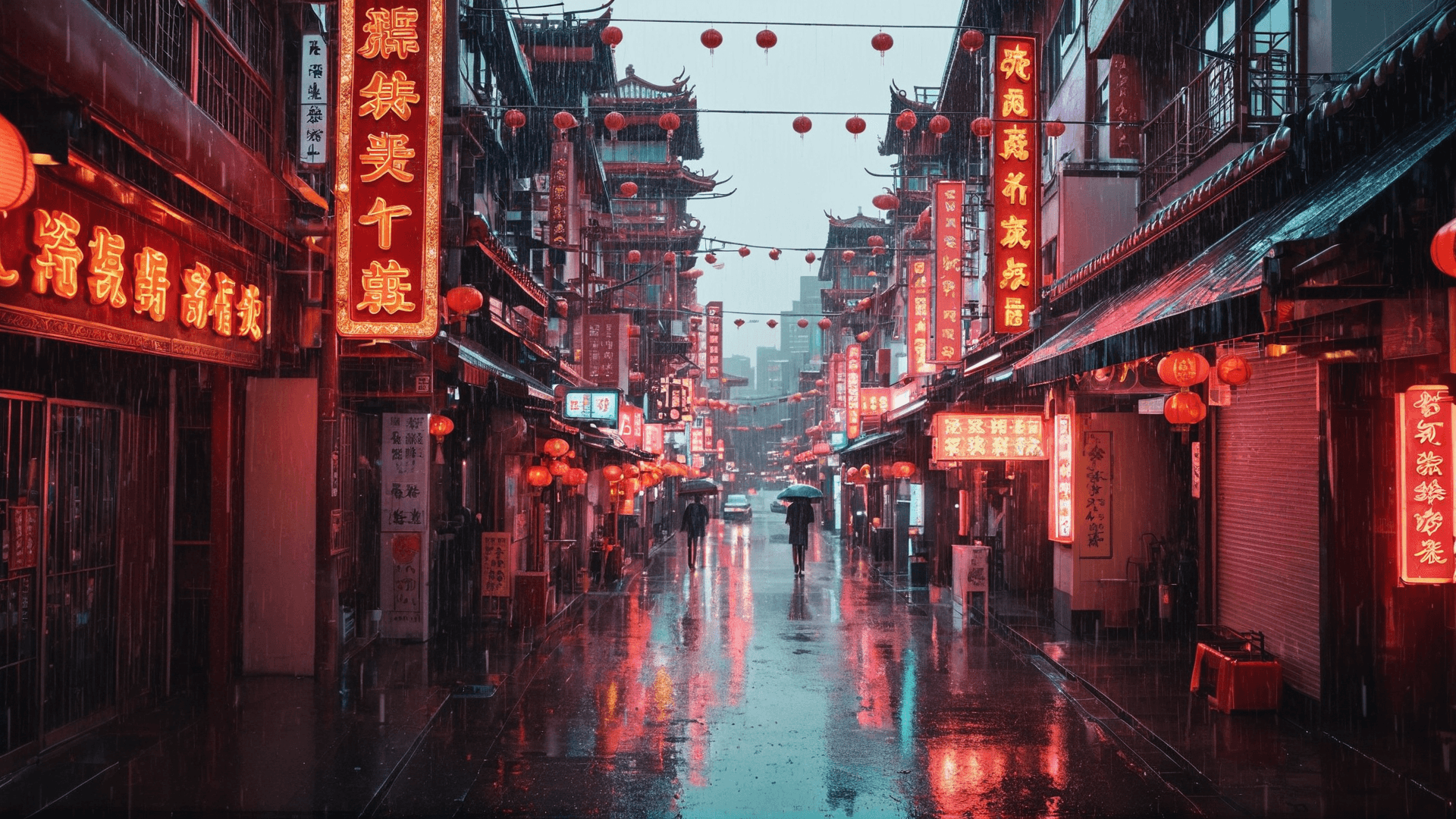 AI generated: a street with neon signs, rain aesthetic, chinatown, sparkles, rainy street, esthetic