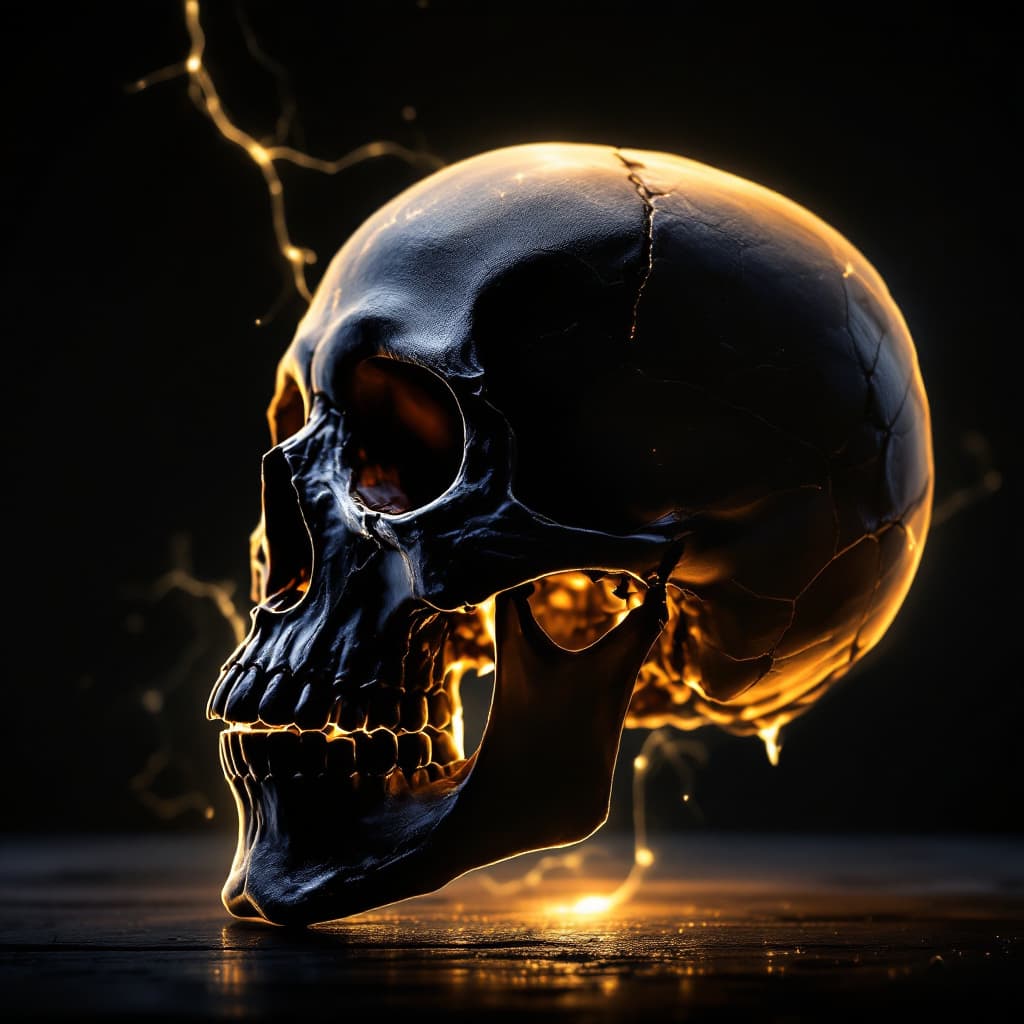 AI generated: side view of a skull looking down, dramatic lighting